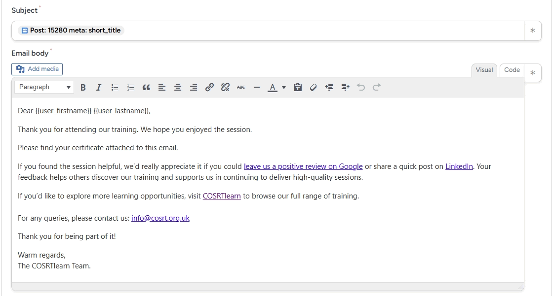 certificate automation email content