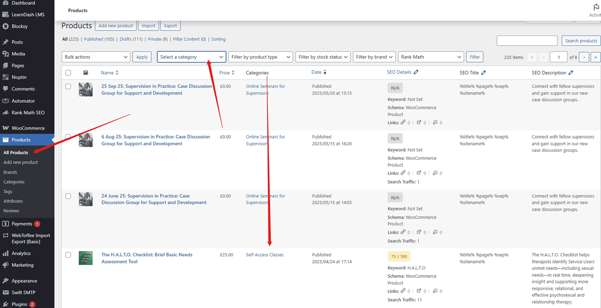 screenshot Editing Products List