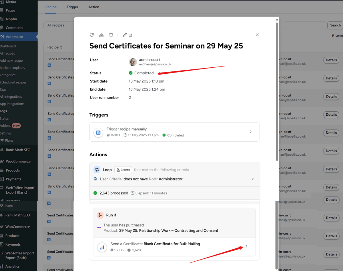 screenshot automation log job completed