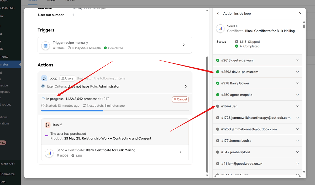 screenshot automation log job in progress with right panel expanded