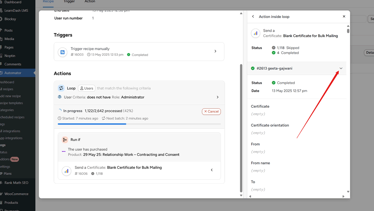 screenshot automation log job in progress with right panel