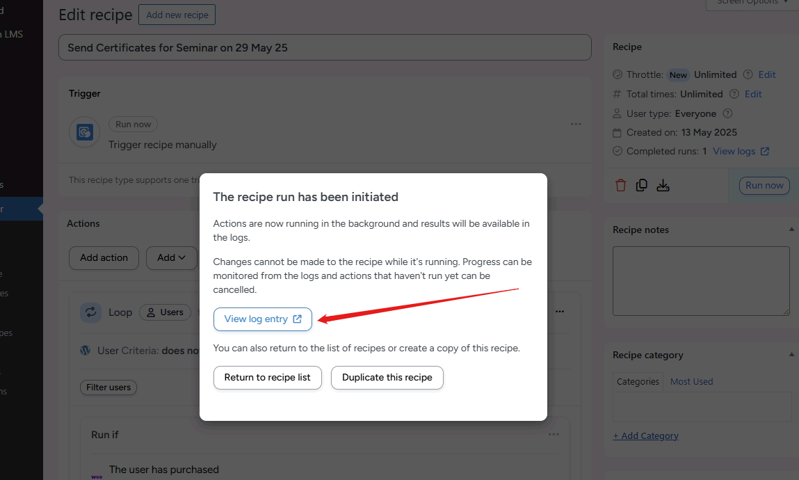 screenshot automation the recipe has been initiated