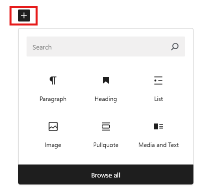 screenshot block inserter pop-up