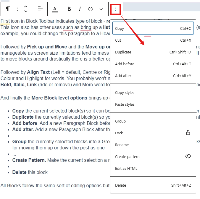 screenshot block level options more pop-up