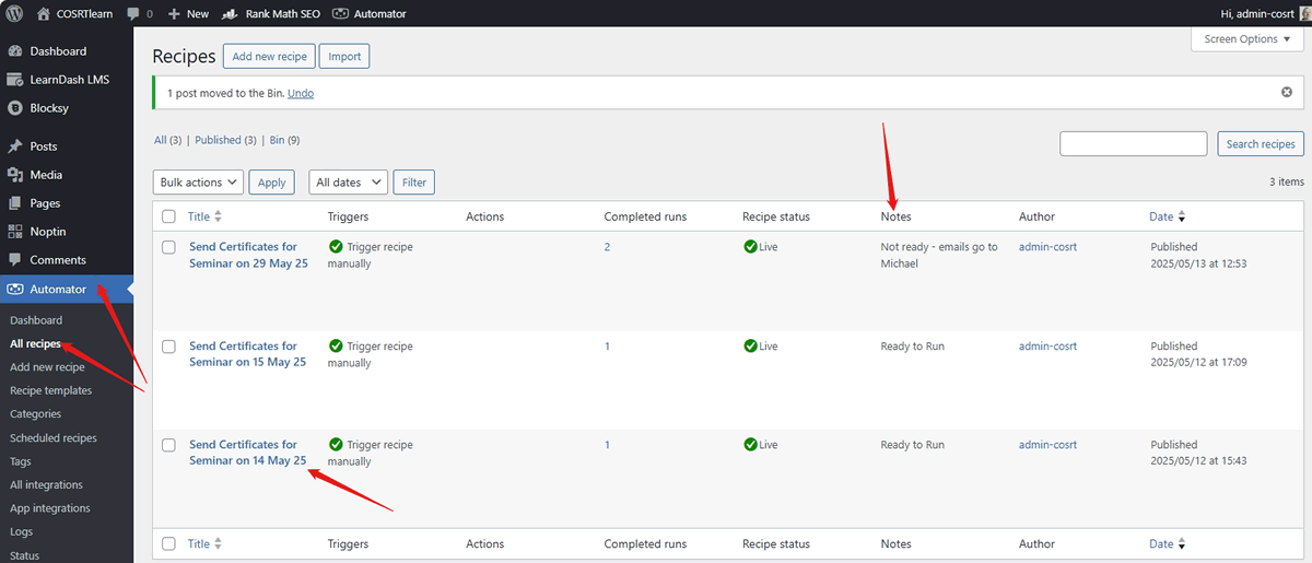 screenshot certificate automation recipes list