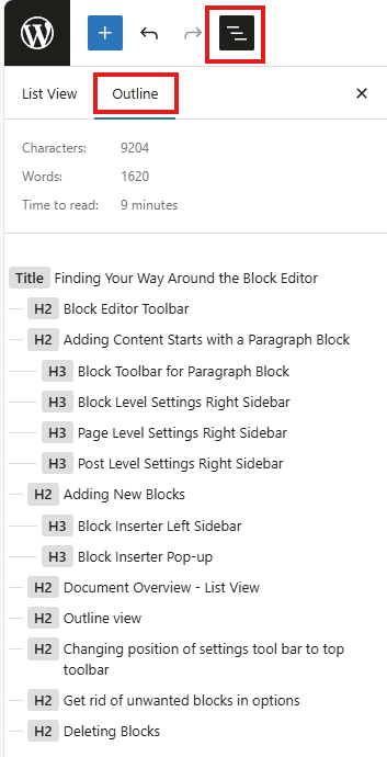 screenshot document overview outline view