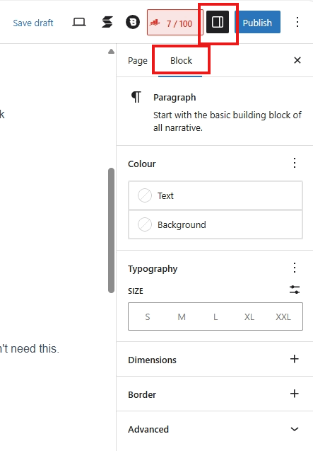 screenshot paragraph block options