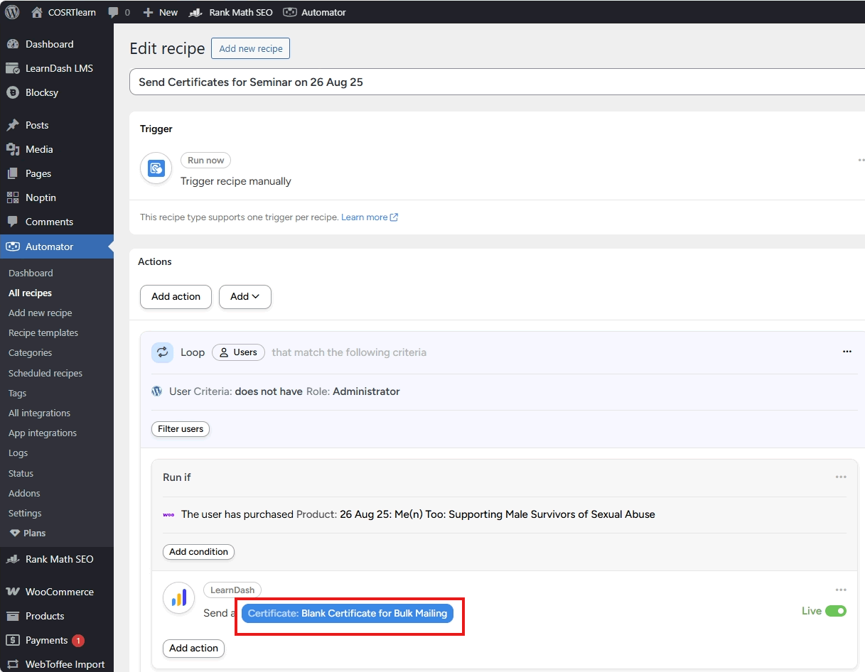 screenshot change certificate for bulk mailing