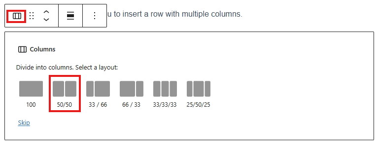 screenshot columns block inserting 50 50