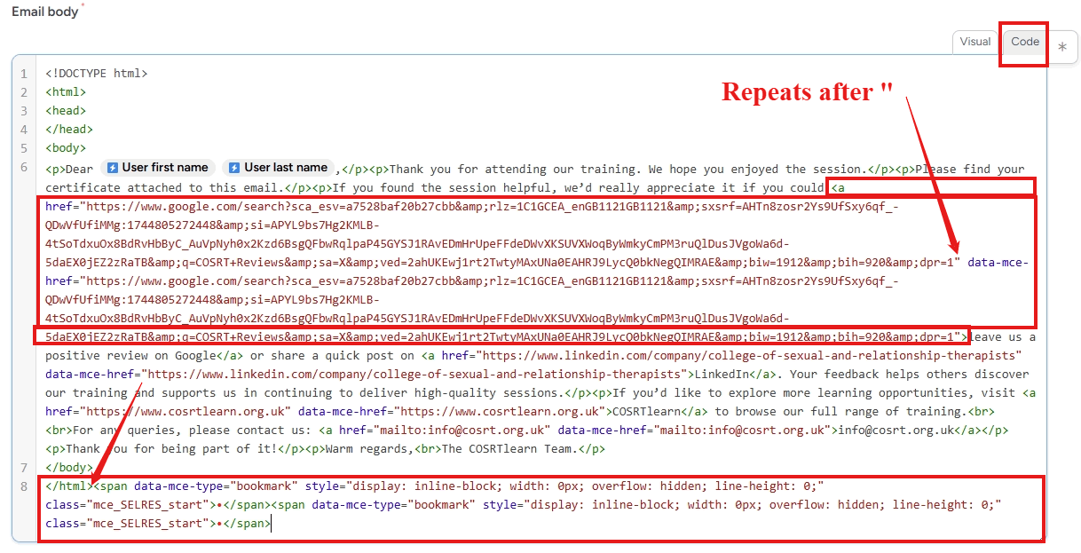 screenshot email body showing garbage added