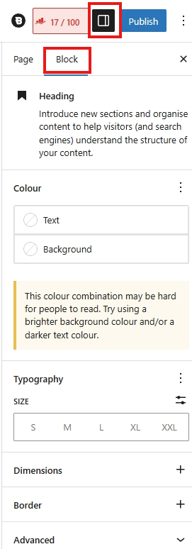 screenshot heading block right sidebar options