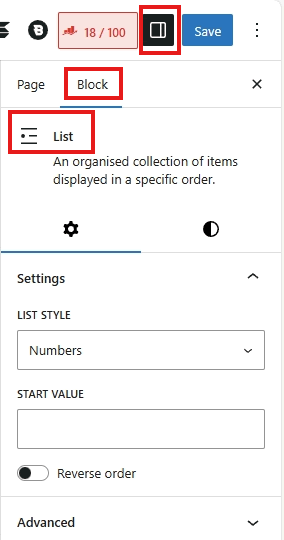 screenshot ordered list right sidebar options