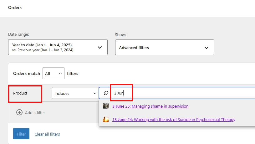 screenshot orders product filter