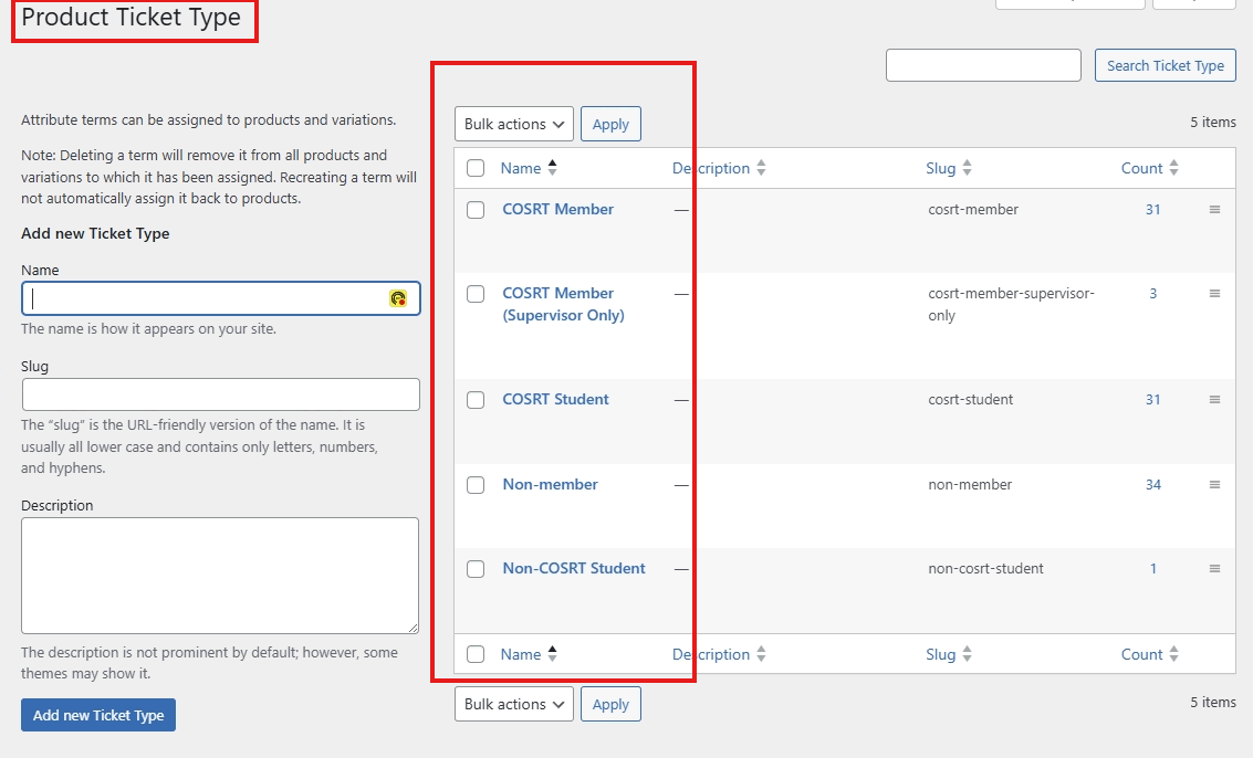 screenshot product attributes ticket type values