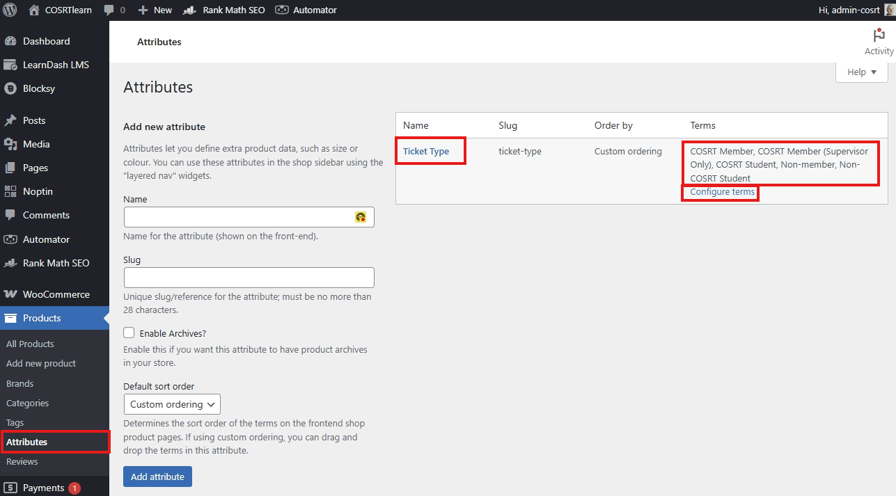 screenshot product attributes ticket type