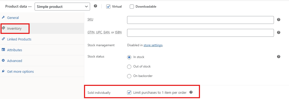 screenshot product inventory 1 per customer