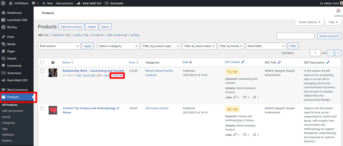 screenshot product list duplicate product