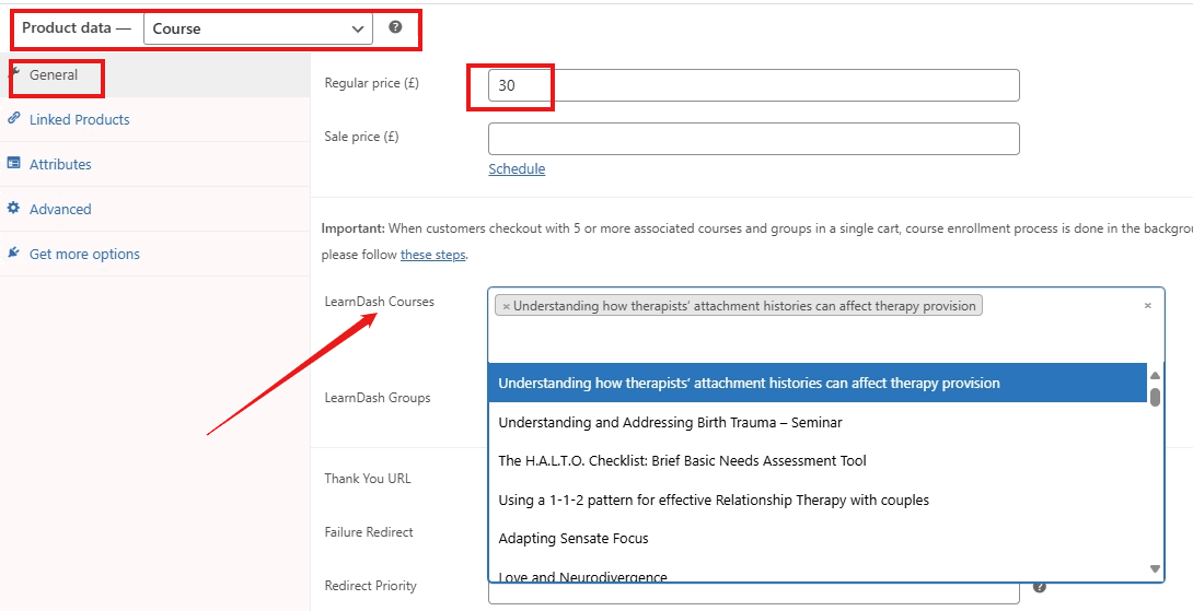 screenshot seminar to SAC learndash course data