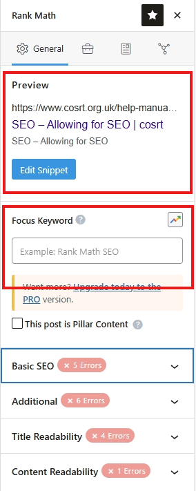 screenshot Rank Math Snippet and Focus Keyword