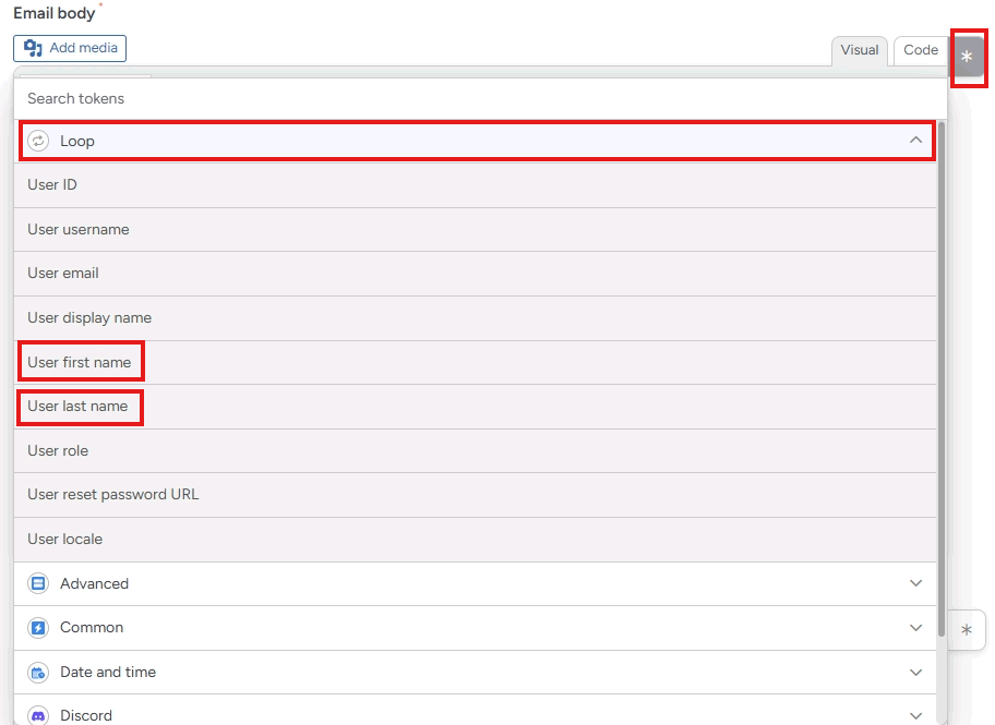 screenshot email body loop user data