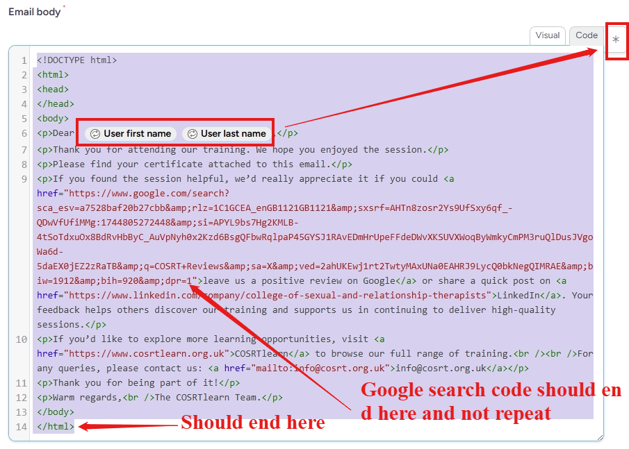 screenshot email body showing where garbage might be added
